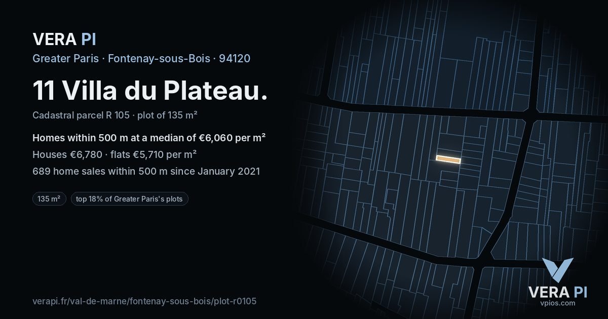 11 Villa du Plateau, Fontenay-sous-Bois at night – the plot lit, the parcels around coloured by the prices near them
