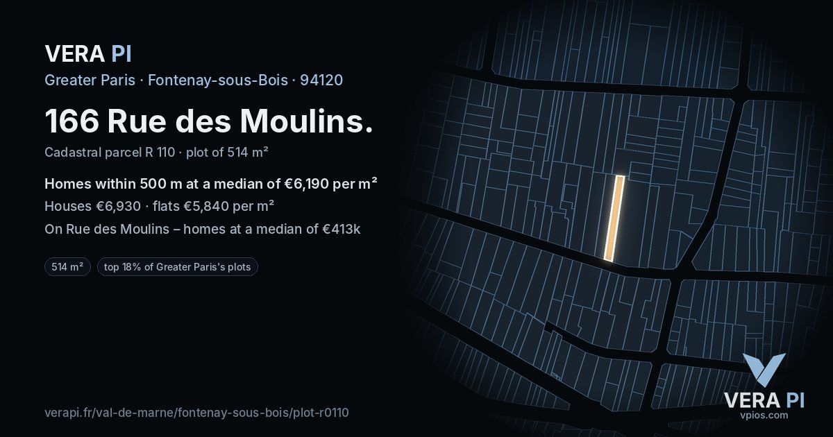 166 Rue des Moulins, Fontenay-sous-Bois at night – the plot lit, the parcels around coloured by the prices near them