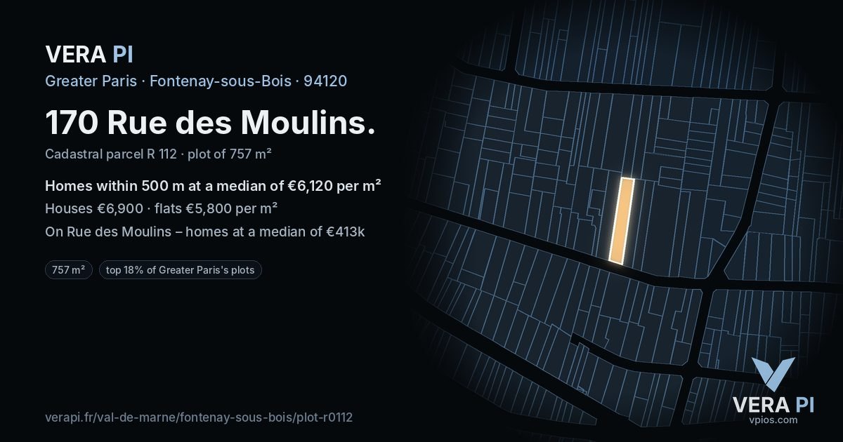 170 Rue des Moulins, Fontenay-sous-Bois at night – the plot lit, the parcels around coloured by the prices near them