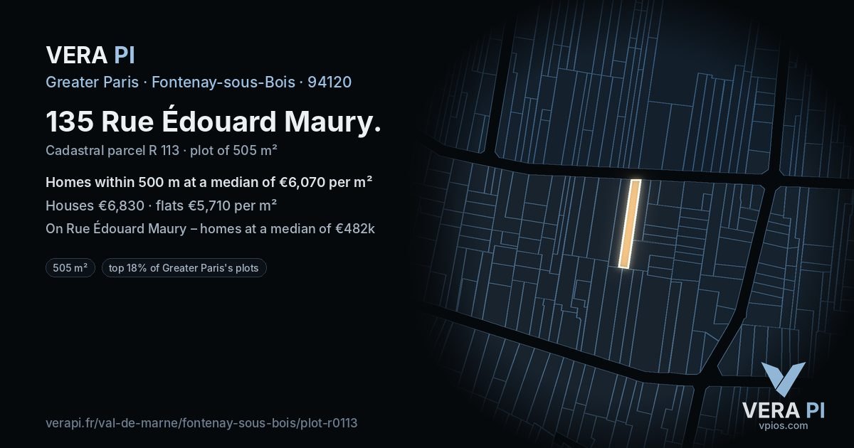 135 Rue Édouard Maury, Fontenay-sous-Bois at night – the plot lit, the parcels around coloured by the prices near them