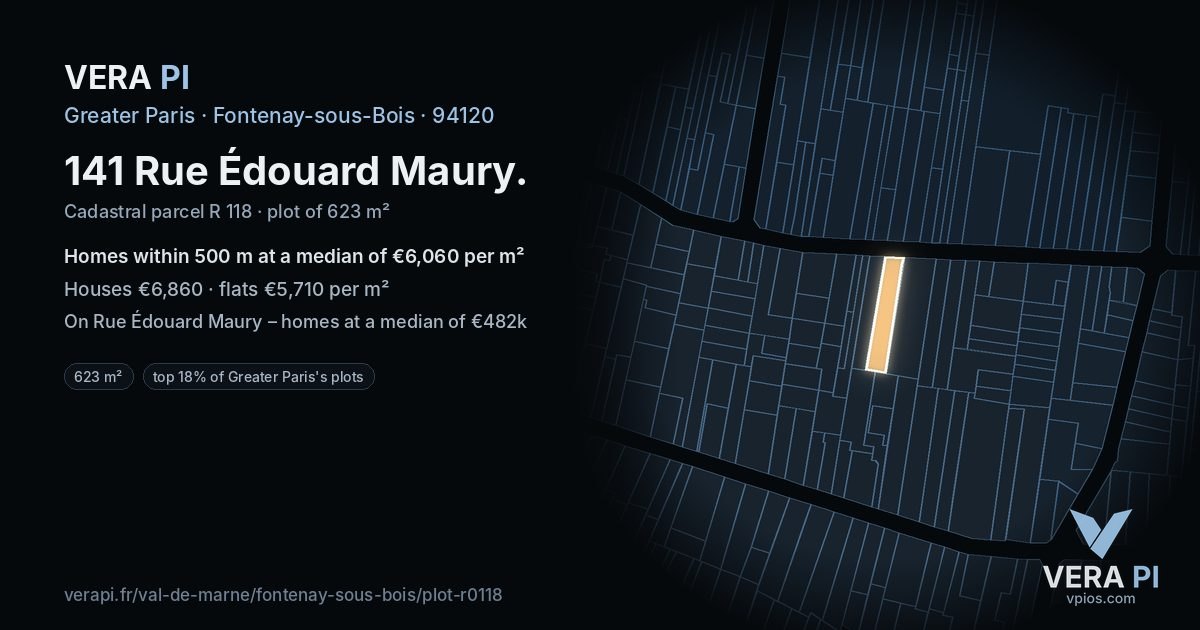 141 Rue Édouard Maury, Fontenay-sous-Bois at night – the plot lit, the parcels around coloured by the prices near them