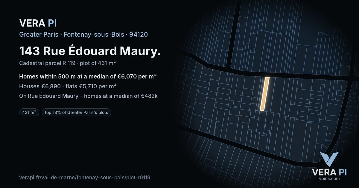 143 Rue Édouard Maury, Fontenay-sous-Bois at night – the plot lit, the parcels around coloured by the prices near them
