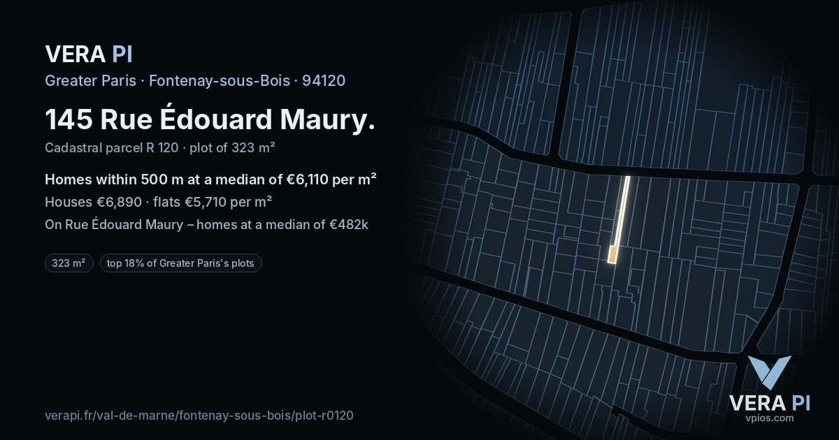 145 Rue Édouard Maury, Fontenay-sous-Bois at night – the plot lit, the parcels around coloured by the prices near them