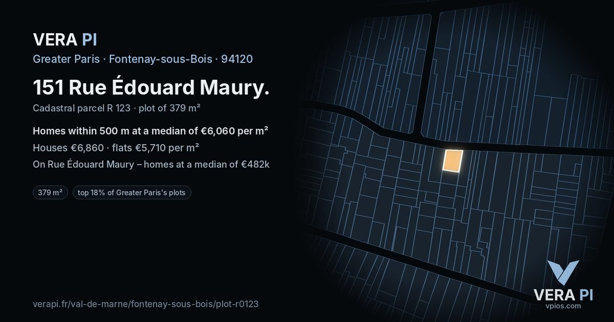 151 Rue Édouard Maury, Fontenay-sous-Bois at night – the plot lit, the parcels around coloured by the prices near them