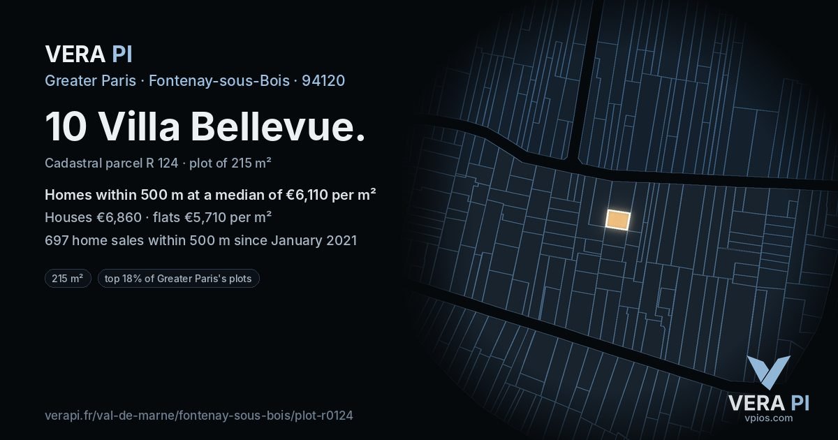 10 Villa Bellevue, Fontenay-sous-Bois at night – the plot lit, the parcels around coloured by the prices near them