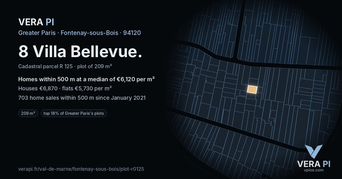 8 Villa Bellevue, Fontenay-sous-Bois at night – the plot lit, the parcels around coloured by the prices near them