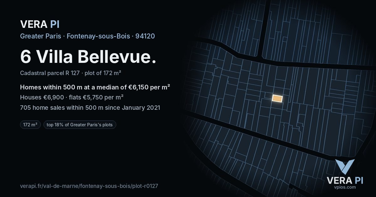 6 Villa Bellevue, Fontenay-sous-Bois at night – the plot lit, the parcels around coloured by the prices near them