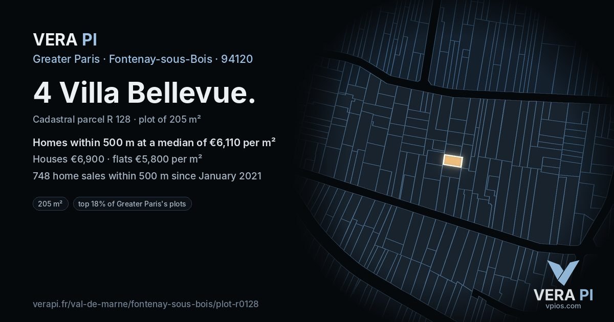 4 Villa Bellevue, Fontenay-sous-Bois at night – the plot lit, the parcels around coloured by the prices near them