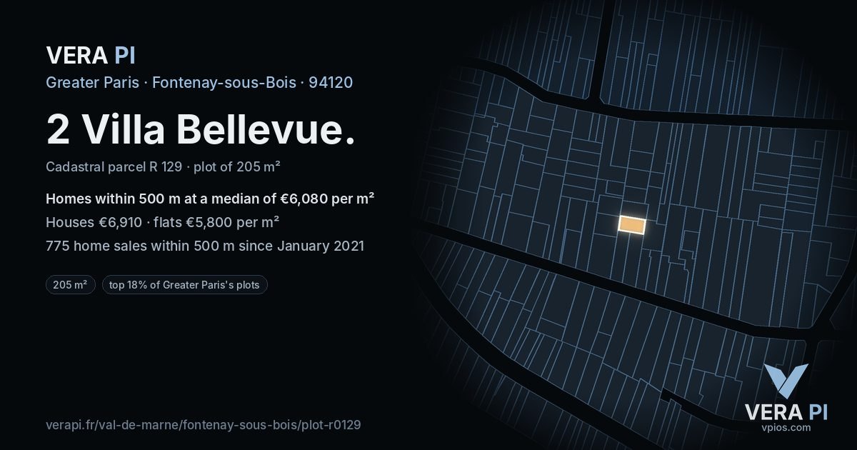 2 Villa Bellevue, Fontenay-sous-Bois at night – the plot lit, the parcels around coloured by the prices near them
