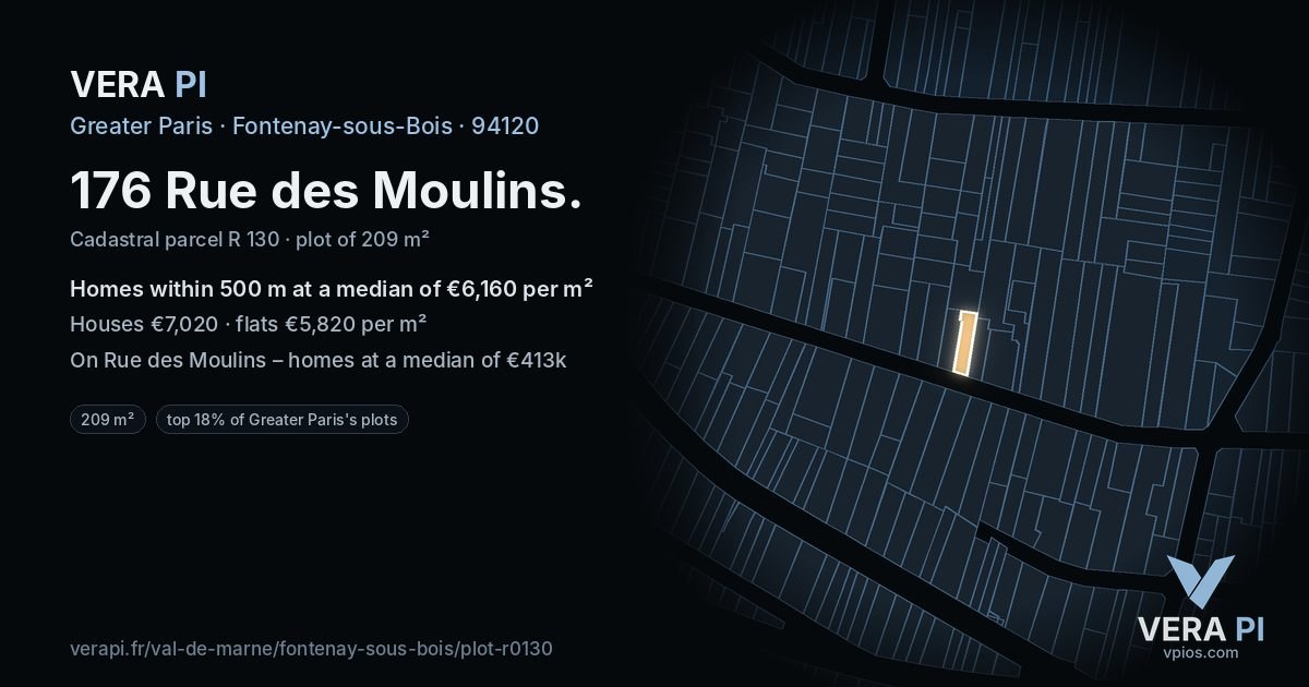176 Rue des Moulins, Fontenay-sous-Bois at night – the plot lit, the parcels around coloured by the prices near them