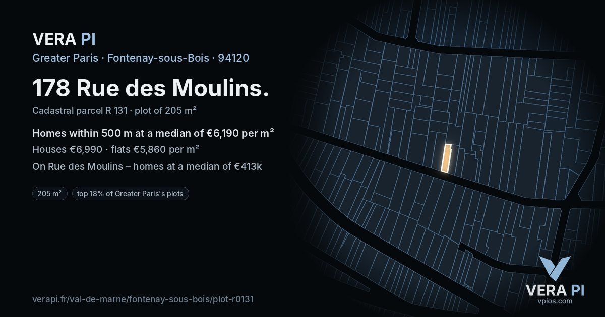 178 Rue des Moulins, Fontenay-sous-Bois at night – the plot lit, the parcels around coloured by the prices near them