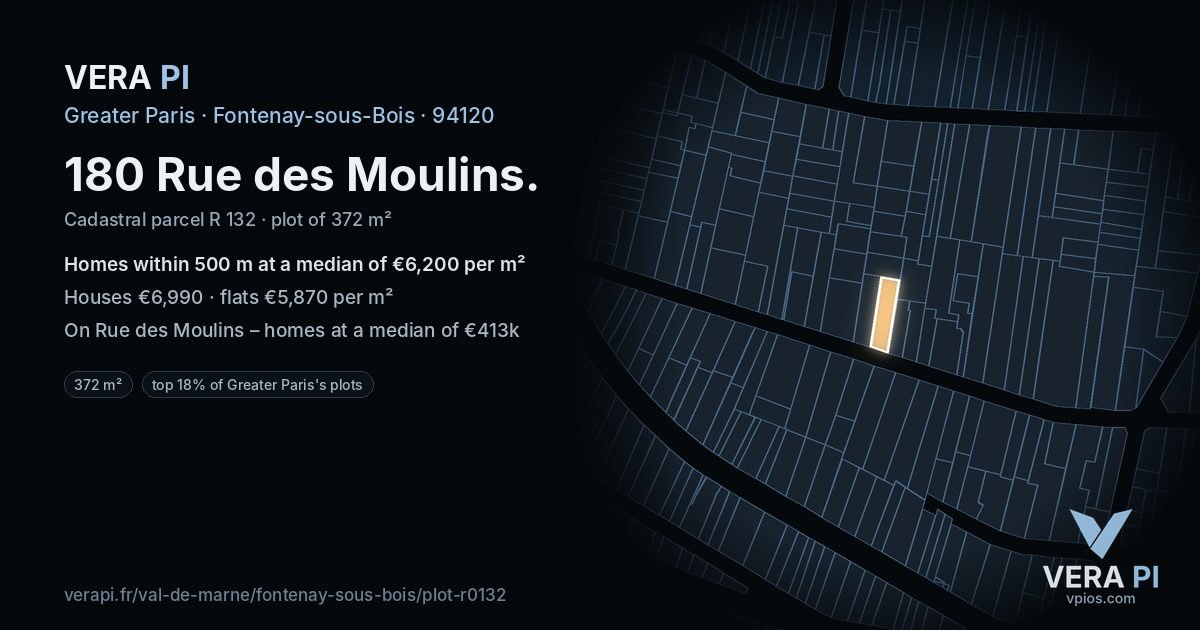 180 Rue des Moulins, Fontenay-sous-Bois at night – the plot lit, the parcels around coloured by the prices near them