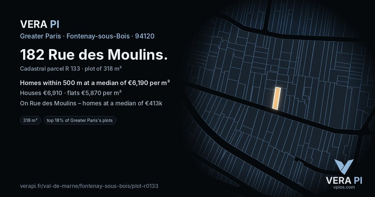 182 Rue des Moulins, Fontenay-sous-Bois at night – the plot lit, the parcels around coloured by the prices near them