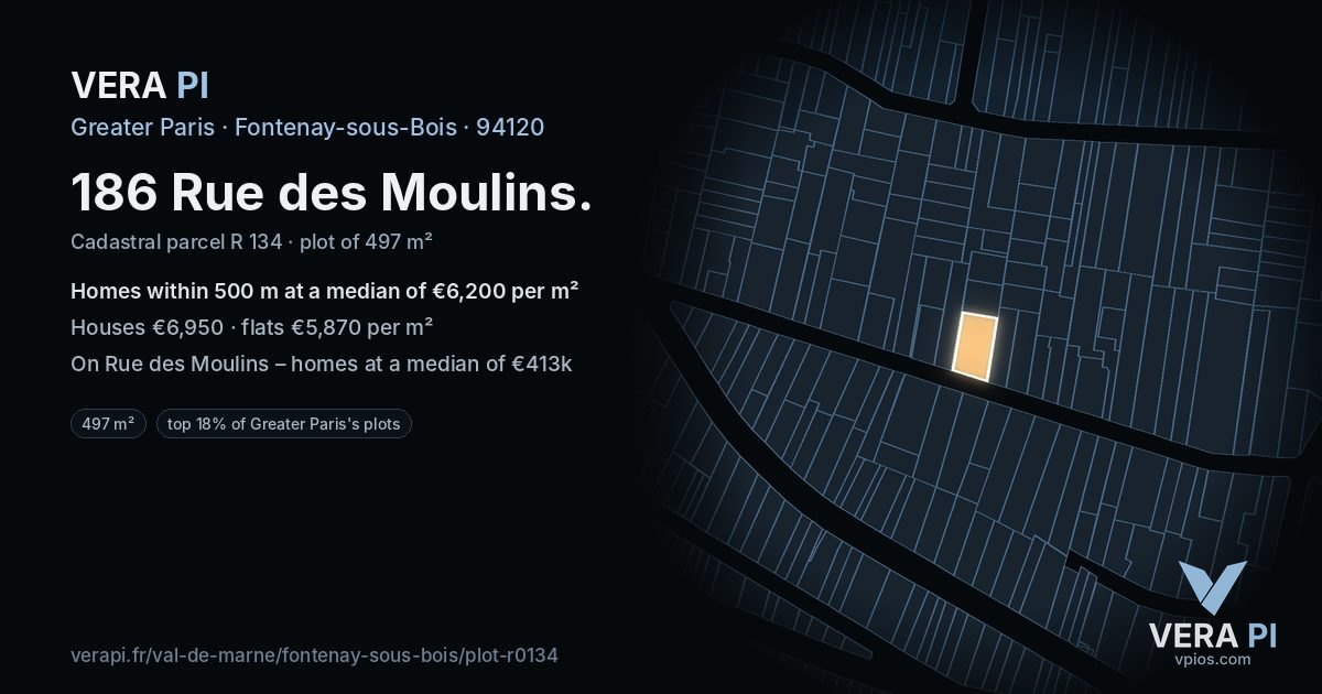 186 Rue des Moulins, Fontenay-sous-Bois at night – the plot lit, the parcels around coloured by the prices near them