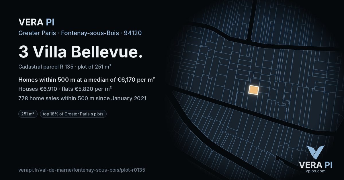 3 Villa Bellevue, Fontenay-sous-Bois at night – the plot lit, the parcels around coloured by the prices near them