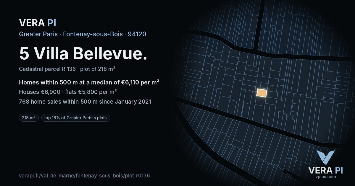 5 Villa Bellevue, Fontenay-sous-Bois at night – the plot lit, the parcels around coloured by the prices near them