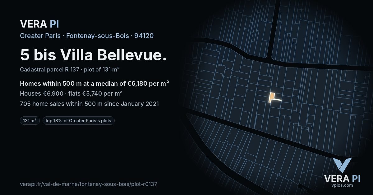 5 bis Villa Bellevue, Fontenay-sous-Bois at night – the plot lit, the parcels around coloured by the prices near them