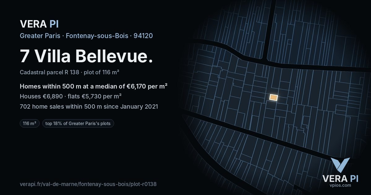 7 Villa Bellevue, Fontenay-sous-Bois at night – the plot lit, the parcels around coloured by the prices near them