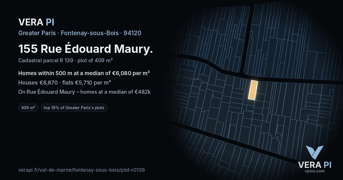 155 Rue Édouard Maury, Fontenay-sous-Bois at night – the plot lit, the parcels around coloured by the prices near them