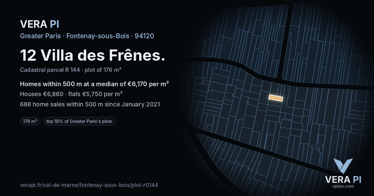 12 Villa des Frênes, Fontenay-sous-Bois at night – the plot lit, the parcels around coloured by the prices near them