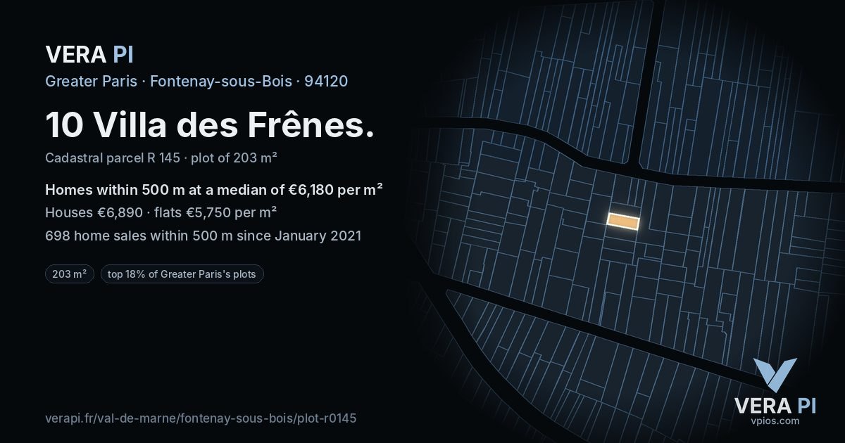 10 Villa des Frênes, Fontenay-sous-Bois at night – the plot lit, the parcels around coloured by the prices near them