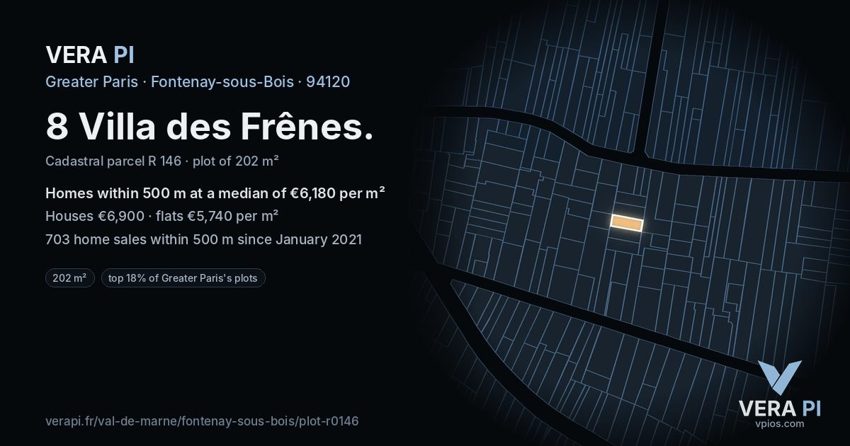 8 Villa des Frênes, Fontenay-sous-Bois at night – the plot lit, the parcels around coloured by the prices near them