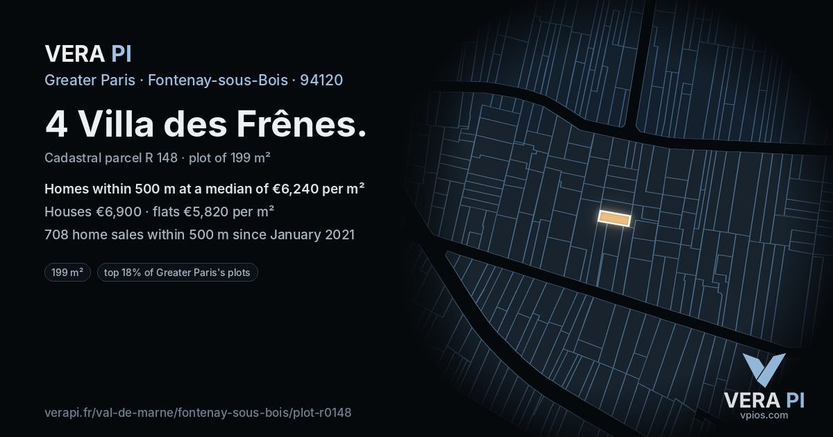 4 Villa des Frênes, Fontenay-sous-Bois at night – the plot lit, the parcels around coloured by the prices near them