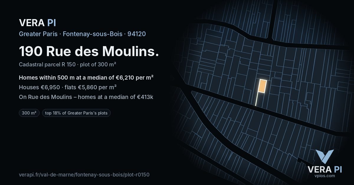 190 Rue des Moulins, Fontenay-sous-Bois at night – the plot lit, the parcels around coloured by the prices near them