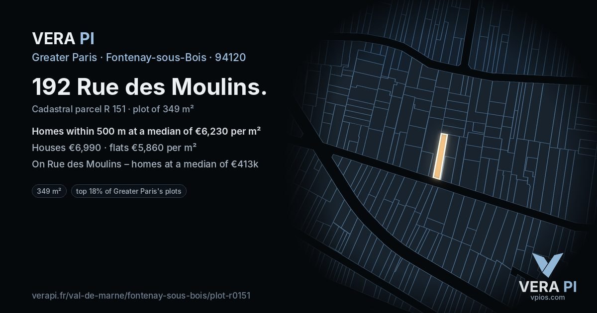 192 Rue des Moulins, Fontenay-sous-Bois at night – the plot lit, the parcels around coloured by the prices near them