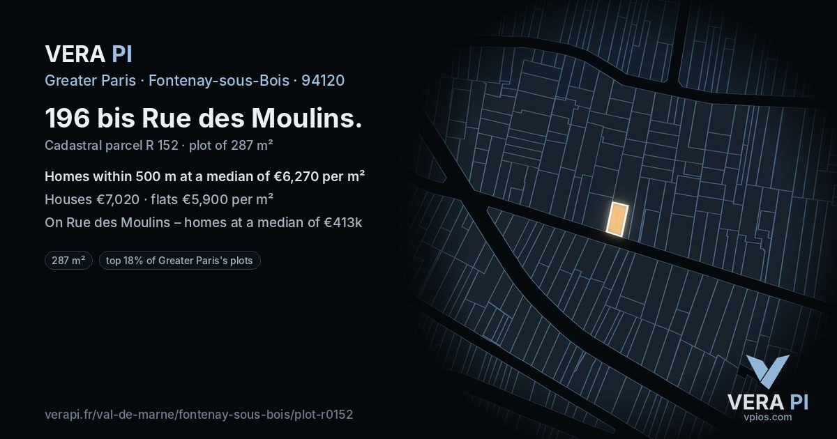 196 bis Rue des Moulins, Fontenay-sous-Bois at night – the plot lit, the parcels around coloured by the prices near them