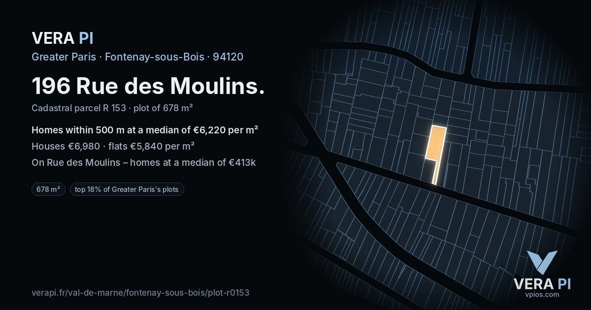 196 Rue des Moulins, Fontenay-sous-Bois at night – the plot lit, the parcels around coloured by the prices near them