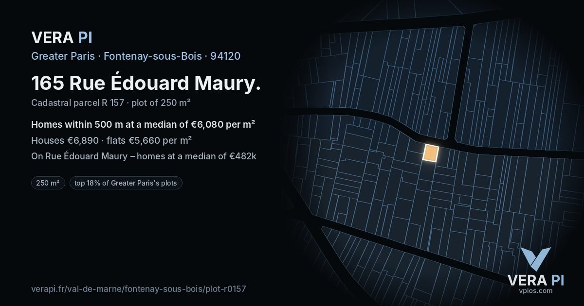 165 Rue Édouard Maury, Fontenay-sous-Bois at night – the plot lit, the parcels around coloured by the prices near them