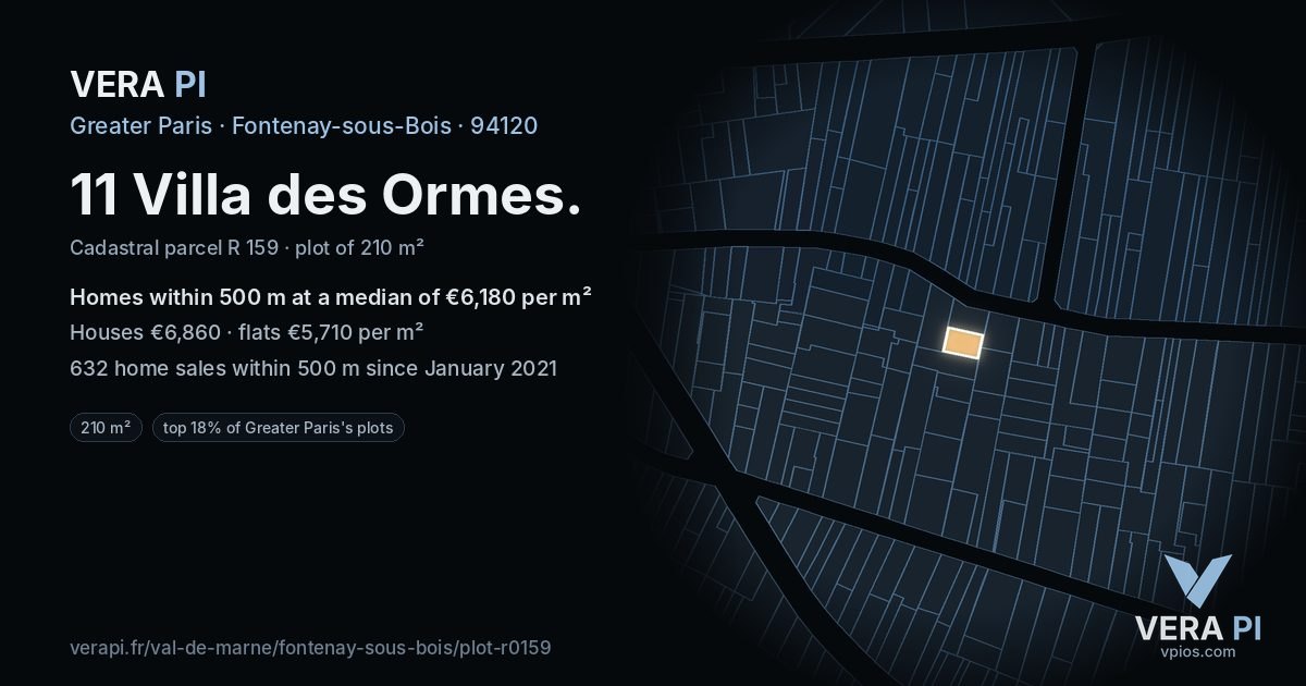 11 Villa des Ormes, Fontenay-sous-Bois at night – the plot lit, the parcels around coloured by the prices near them