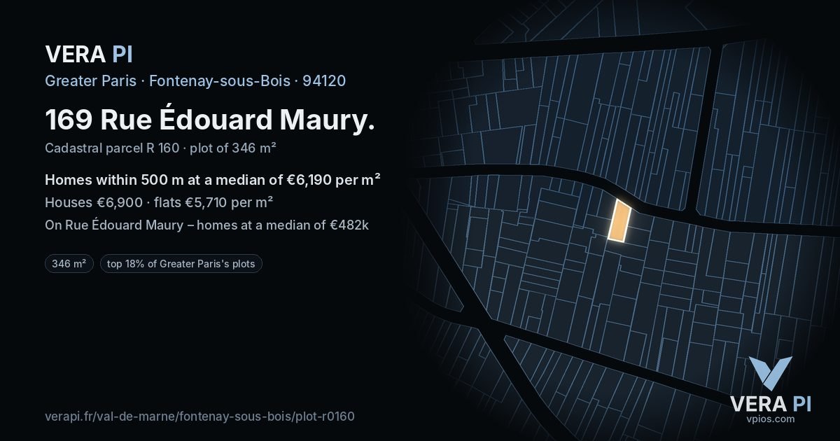 169 Rue Édouard Maury, Fontenay-sous-Bois at night – the plot lit, the parcels around coloured by the prices near them