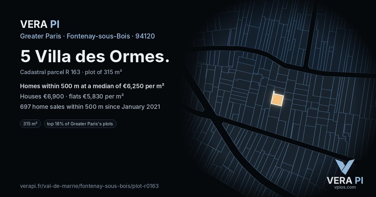 5 Villa des Ormes, Fontenay-sous-Bois at night – the plot lit, the parcels around coloured by the prices near them