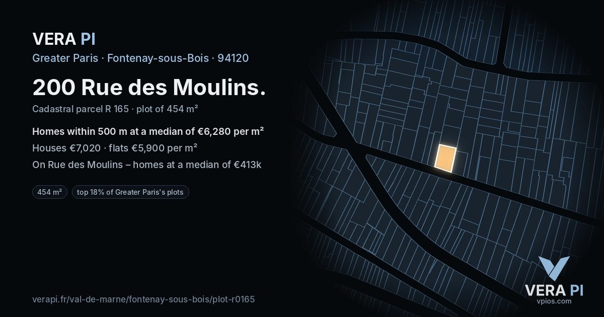 200 Rue des Moulins, Fontenay-sous-Bois at night – the plot lit, the parcels around coloured by the prices near them