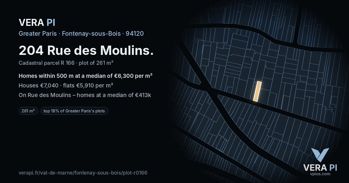 204 Rue des Moulins, Fontenay-sous-Bois at night – the plot lit, the parcels around coloured by the prices near them