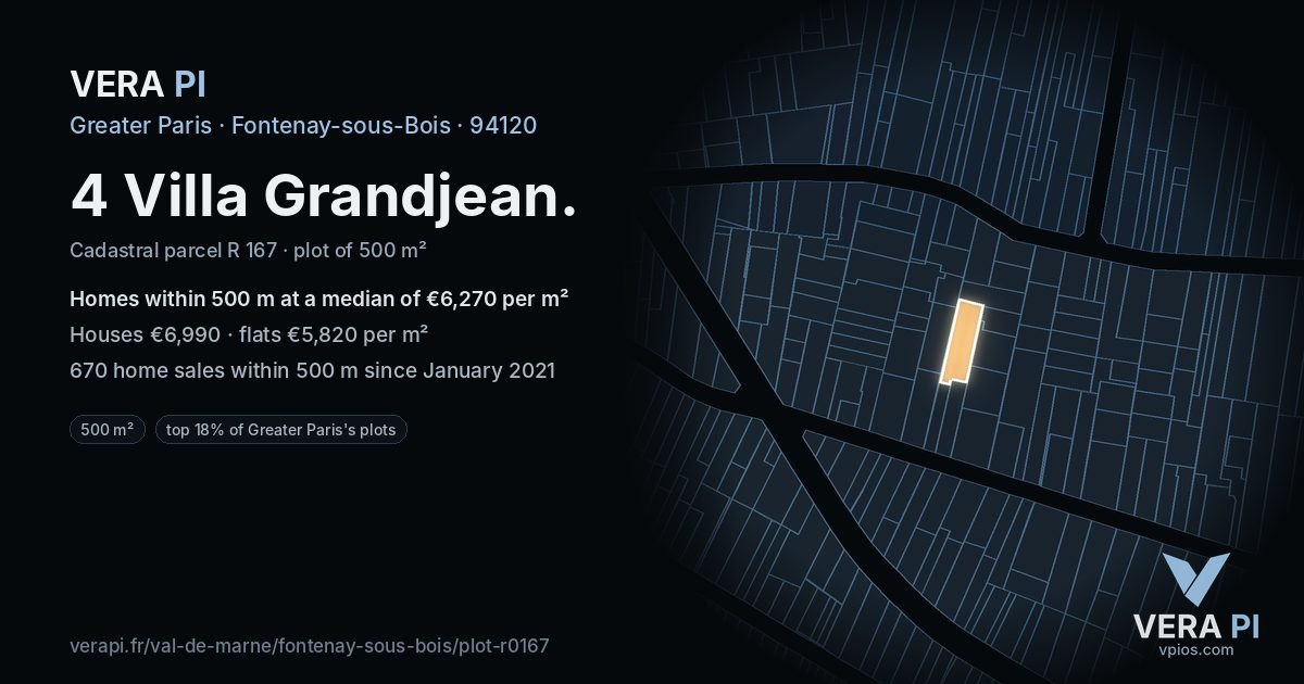 4 Villa Grandjean, Fontenay-sous-Bois at night – the plot lit, the parcels around coloured by the prices near them