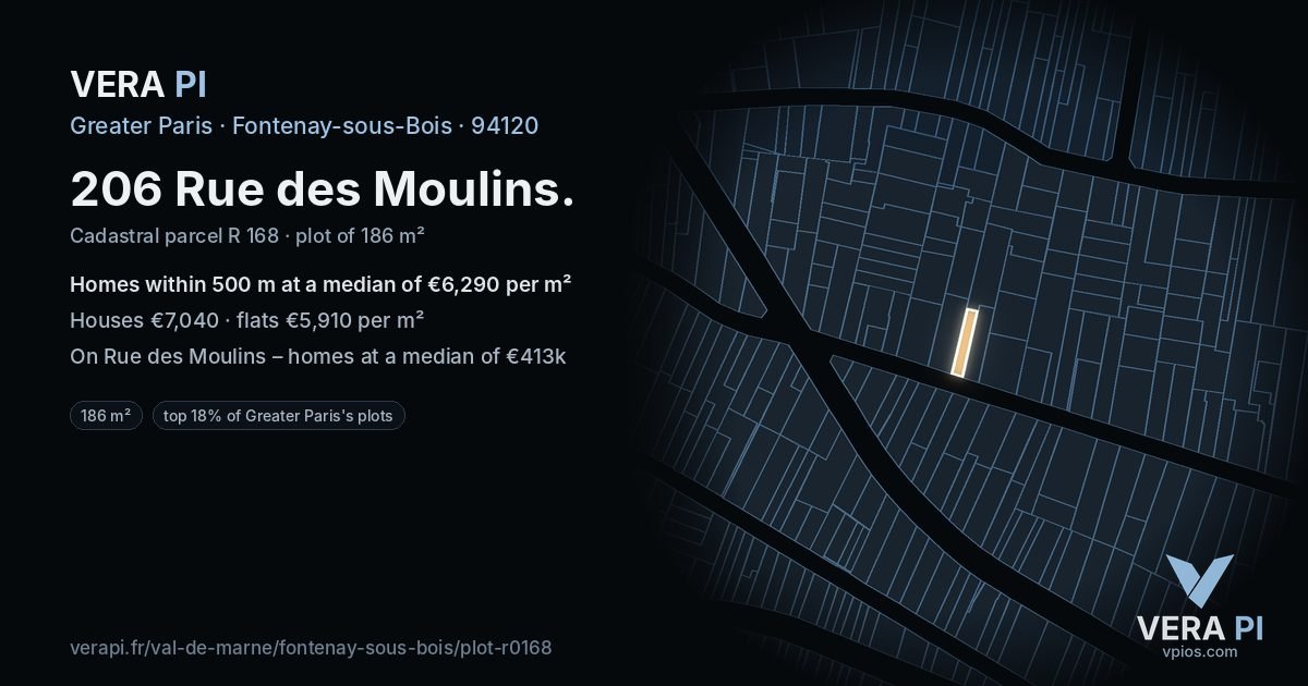 206 Rue des Moulins, Fontenay-sous-Bois at night – the plot lit, the parcels around coloured by the prices near them