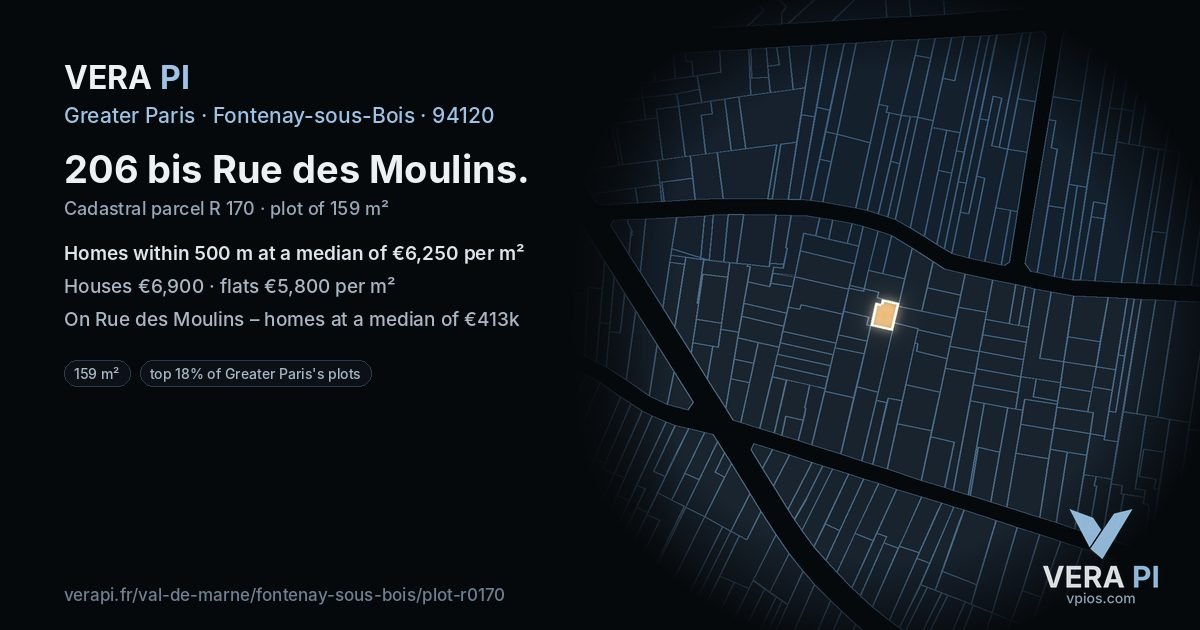 206 bis Rue des Moulins, Fontenay-sous-Bois at night – the plot lit, the parcels around coloured by the prices near them