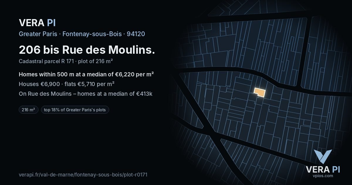 206 bis Rue des Moulins, Fontenay-sous-Bois at night – the plot lit, the parcels around coloured by the prices near them