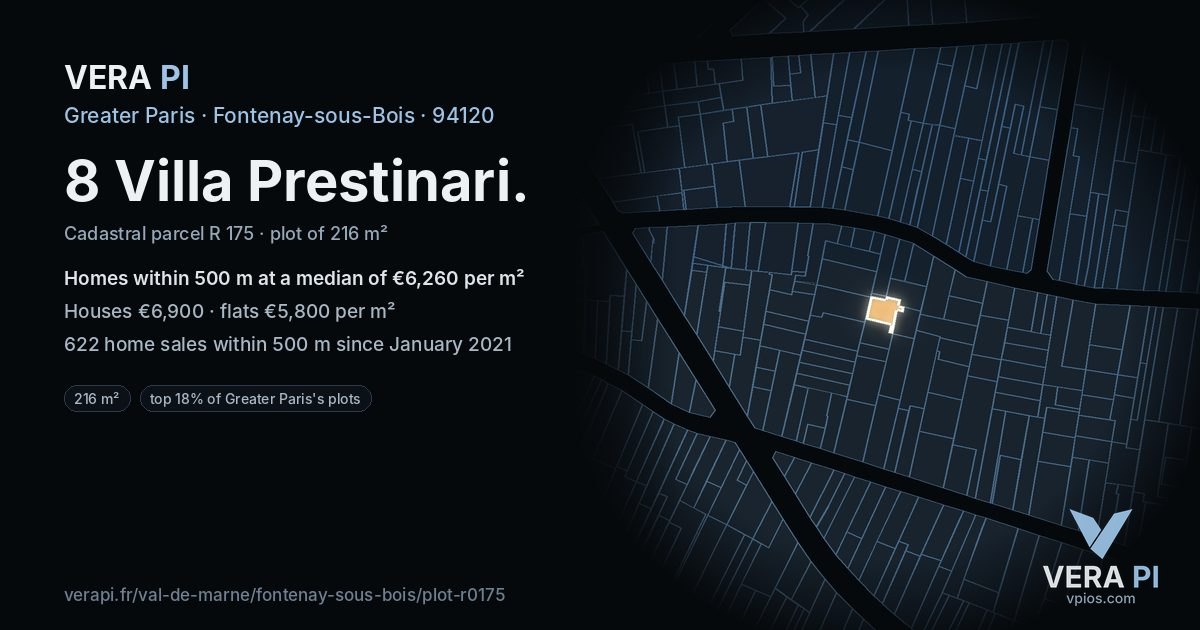 8 Villa Prestinari, Fontenay-sous-Bois at night – the plot lit, the parcels around coloured by the prices near them