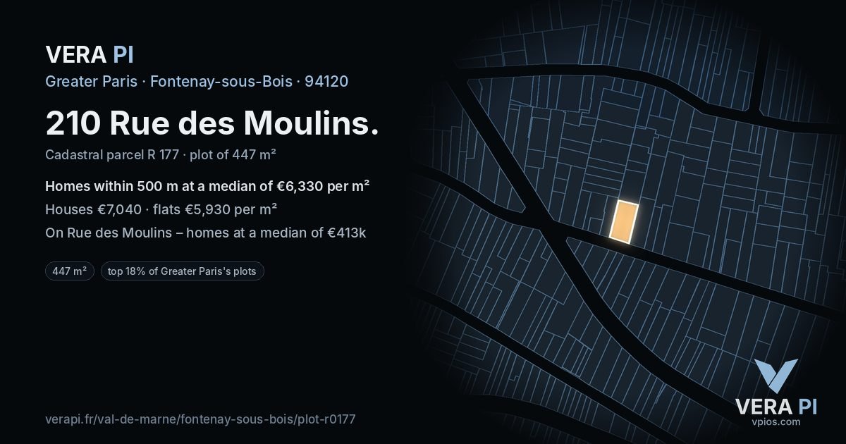 210 Rue des Moulins, Fontenay-sous-Bois at night – the plot lit, the parcels around coloured by the prices near them
