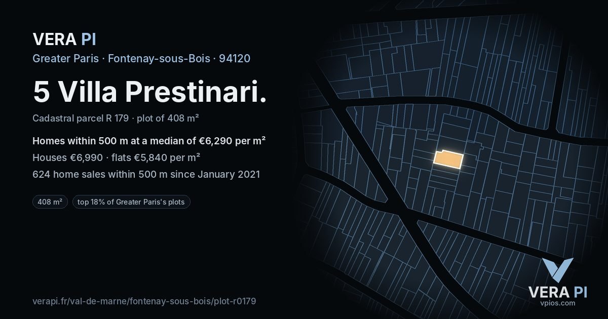 5 Villa Prestinari, Fontenay-sous-Bois at night – the plot lit, the parcels around coloured by the prices near them