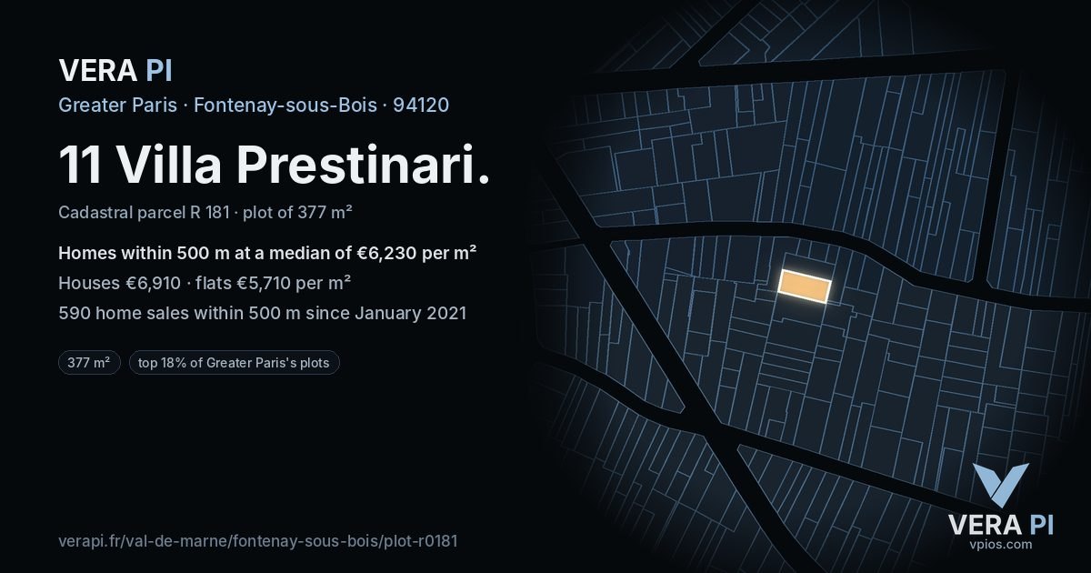 11 Villa Prestinari, Fontenay-sous-Bois at night – the plot lit, the parcels around coloured by the prices near them