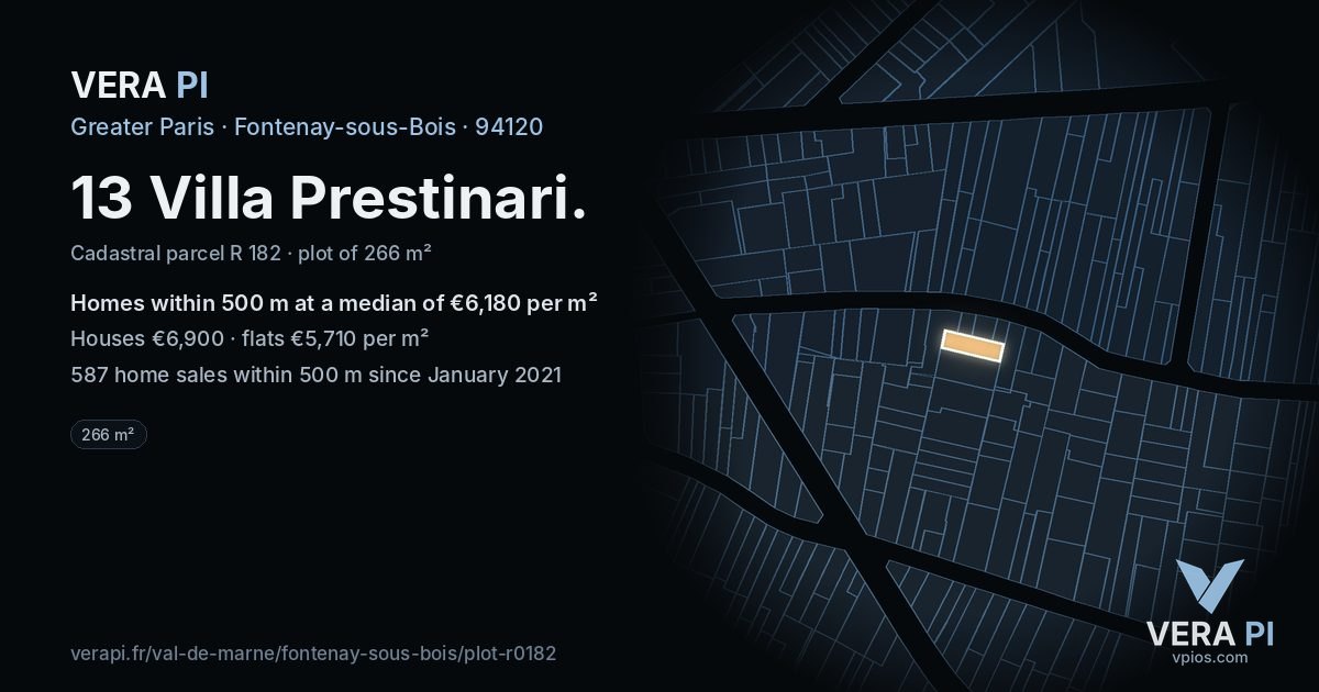 13 Villa Prestinari, Fontenay-sous-Bois at night – the plot lit, the parcels around coloured by the prices near them