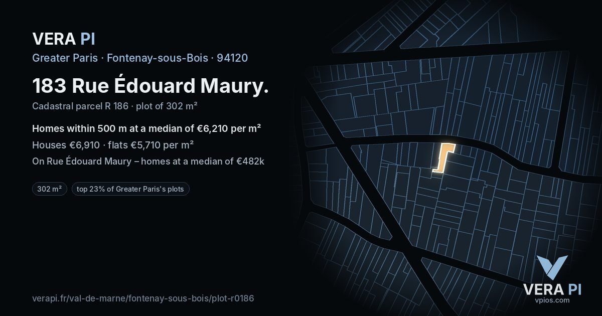 183 Rue Édouard Maury, Fontenay-sous-Bois at night – the plot lit, the parcels around coloured by the prices near them