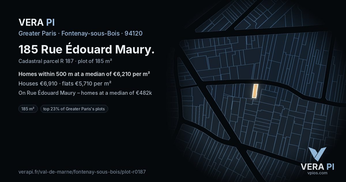 185 Rue Édouard Maury, Fontenay-sous-Bois at night – the plot lit, the parcels around coloured by the prices near them