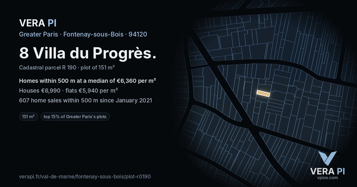 8 Villa du Progrès, Fontenay-sous-Bois at night – the plot lit, the parcels around coloured by the prices near them