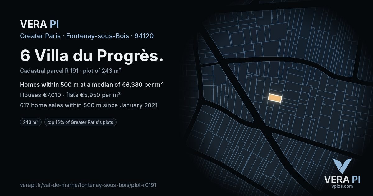 6 Villa du Progrès, Fontenay-sous-Bois at night – the plot lit, the parcels around coloured by the prices near them
